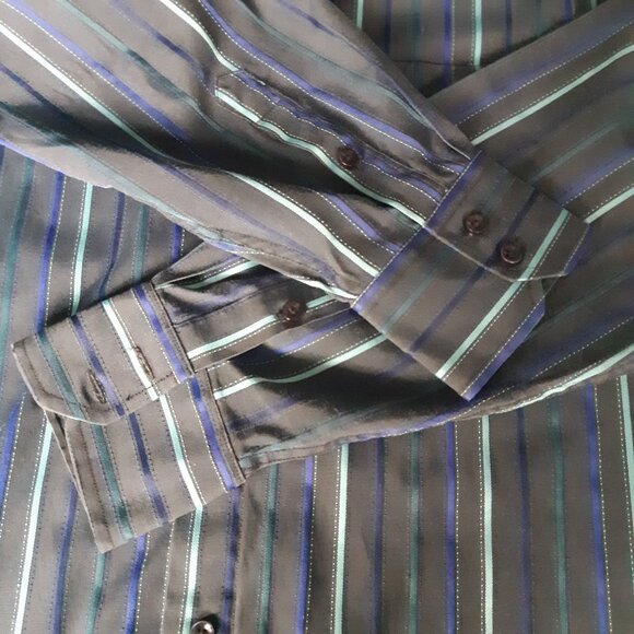 Sergio Louis Italy SZ M Black, Indigo & Teal Striped Men's Button Up Shirt - Picture 4 of 14